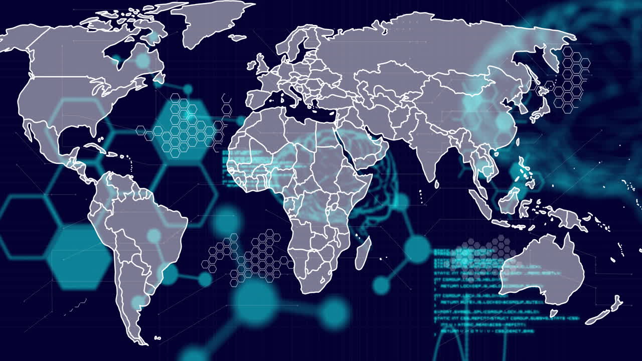 Animation of scientific data processing and human brain with world map over dark background
