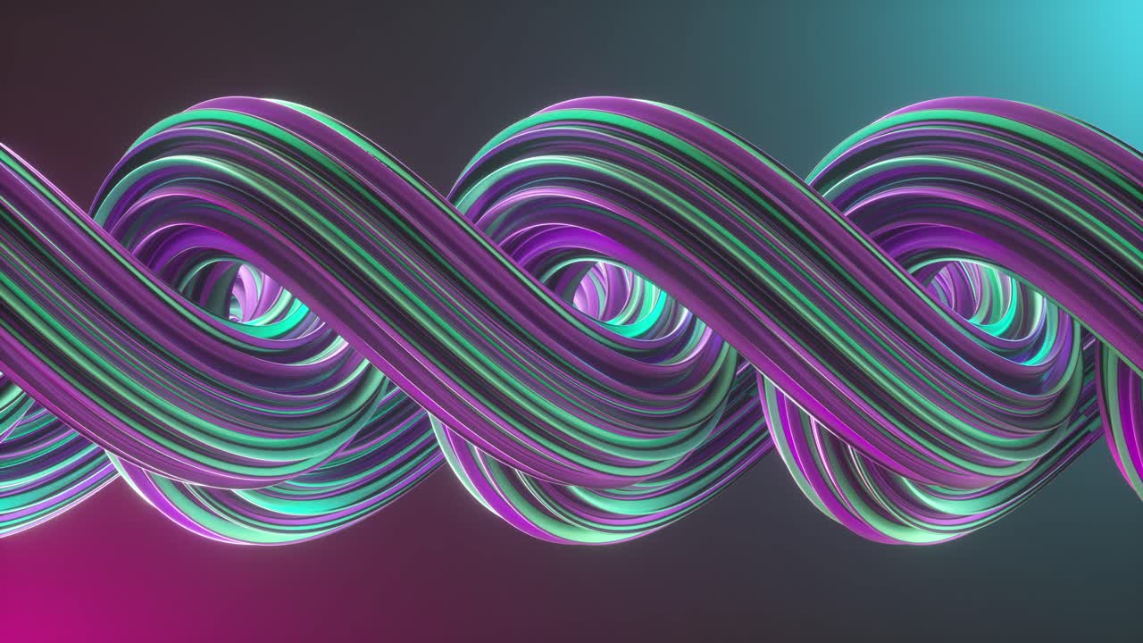 3D animation loop Of Twisted Colorful blue and purple shapes over neon light background