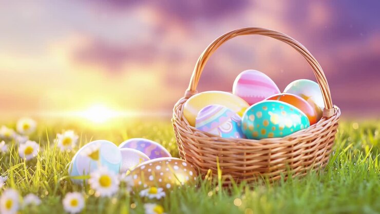 Low-angle video of a basket with colorful Easter eggs on grass, set against a sunset sky