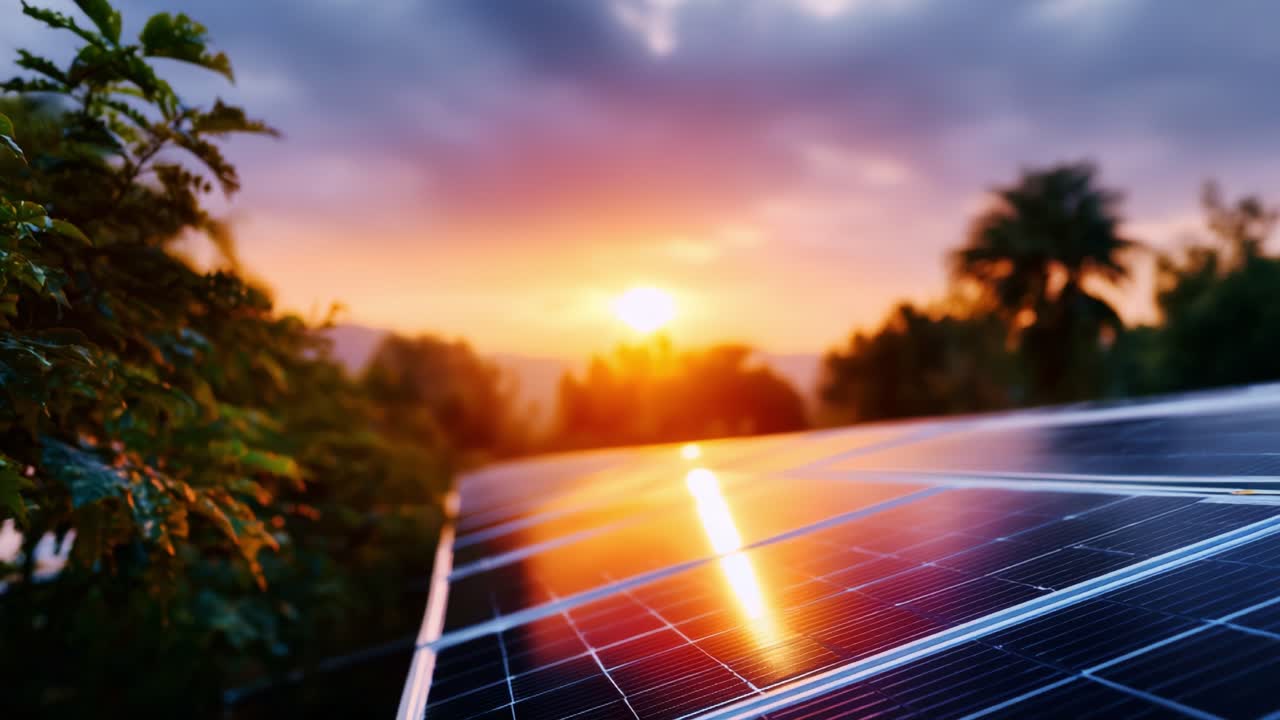 Captivating Sunset Over Solar Panels: A Stunning View of Sustainable Energy Harvesting in Nature's Embrace and the Glow of Dusk