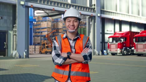 asian male engineer with safety helmet crossing his arms and smiling to camera while standing , outside of logistics distributions warehouse