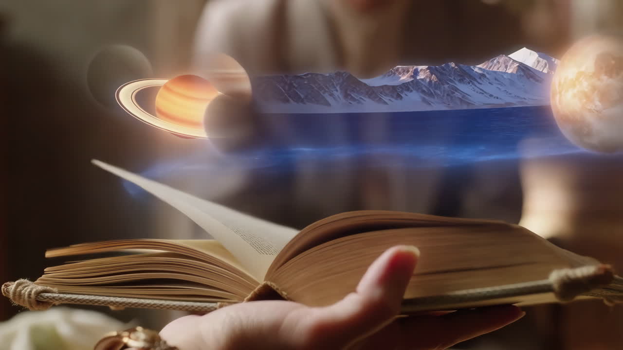 An open book projecting holographic planets and landscapes
