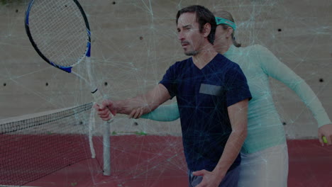 male coach guiding student swinging on tennis court with animated net and data for sports coaching