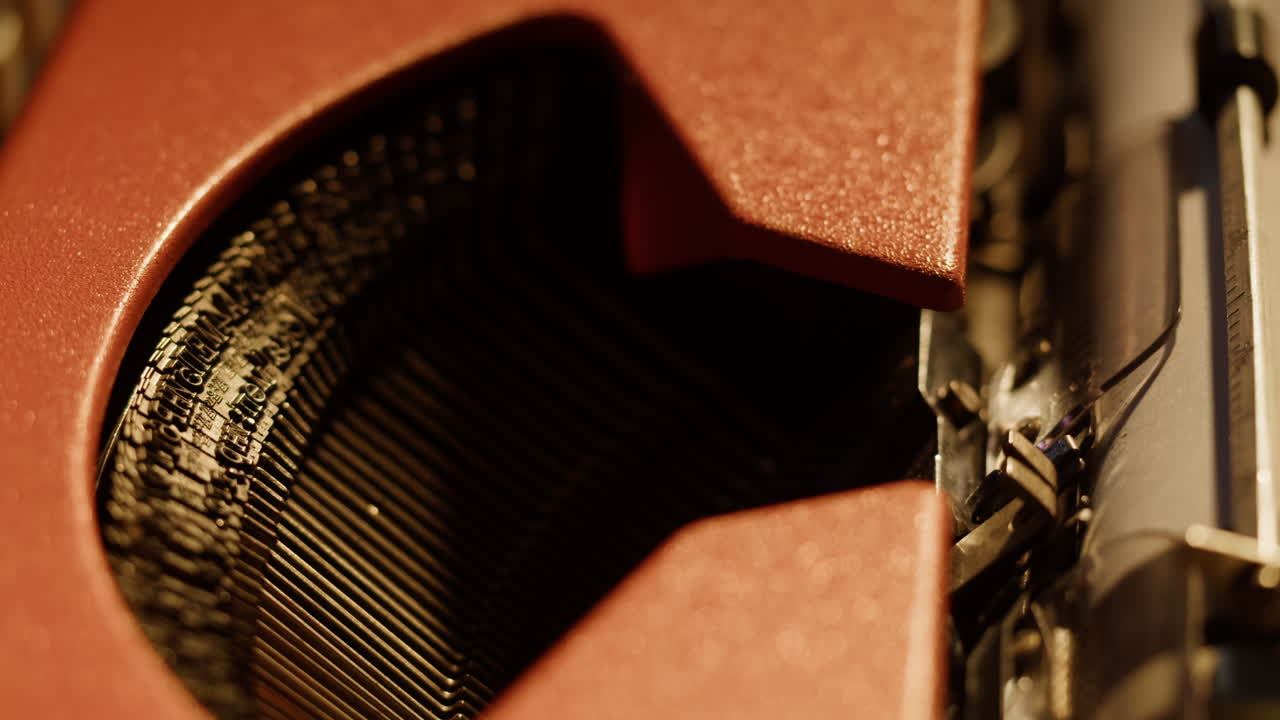 Primo piano del meccanismo di una macchina da scrivere vintage con i martelletti in movimento