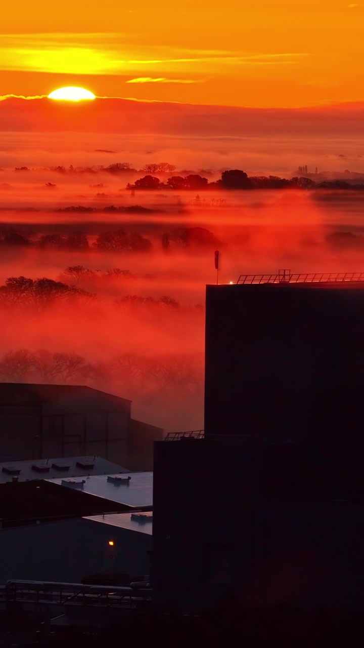 Urbane Gebäudesilhouette mit Morgennebel und leuchtend orangem Sonnenaufgang am Horizont.