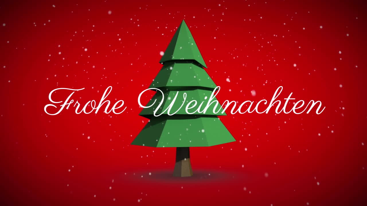 Text „Frohe Weihnachten“ und fallender Schnee vor sich drehendem Weihnachtsbaum-Symbol auf rotem Hintergrund