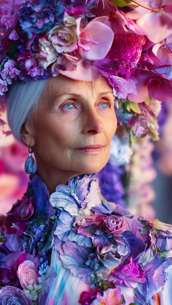 A Stunning Portrait of a Noble Elderly Woman Adorned with a Vibrant Floral Headpiece Surrounded by Colorful Blossoms in a Dreamlike Setting