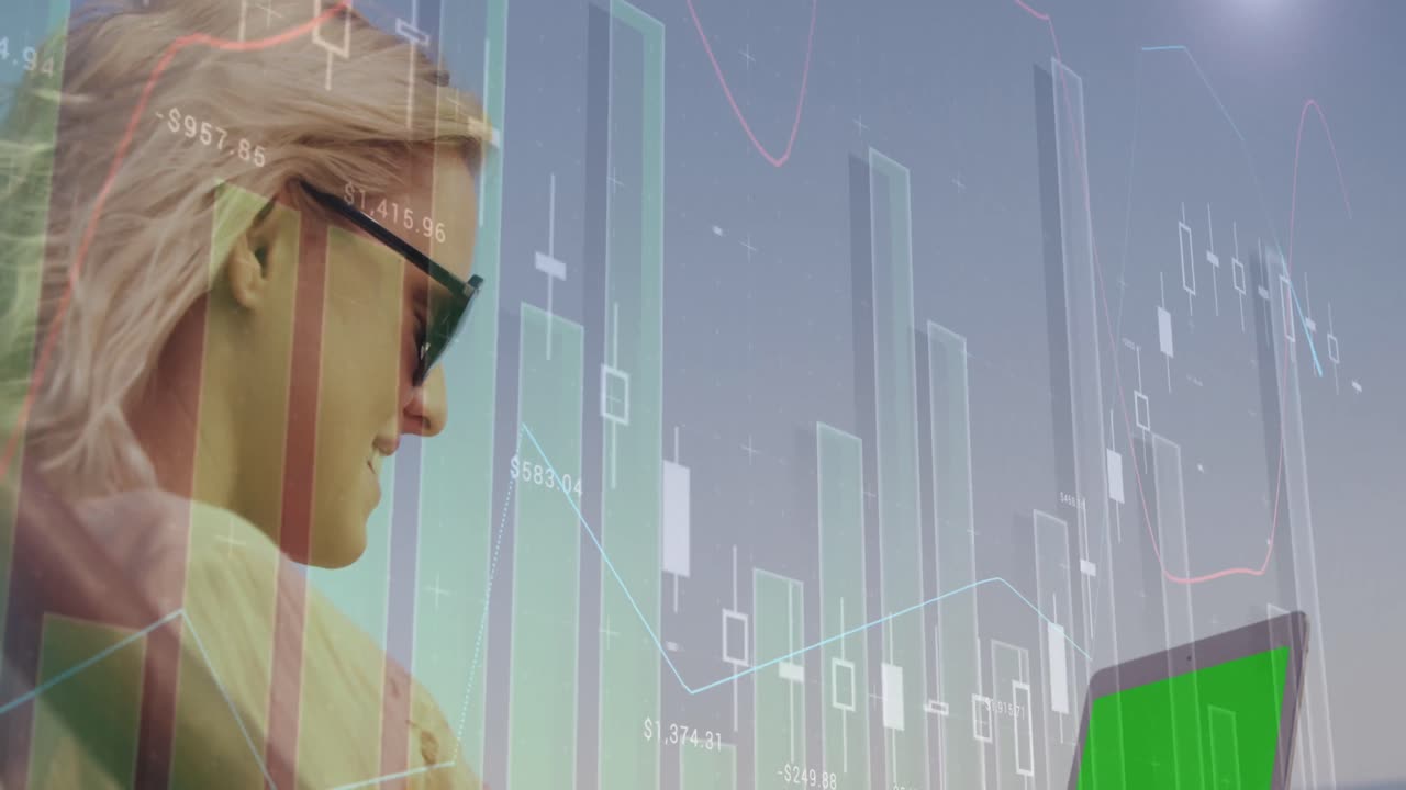 Animation of statistical data processing over caucasian woman using laptop with copy space