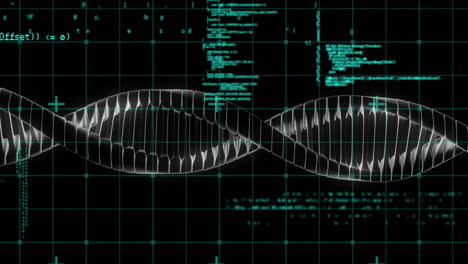 animation of data processing over dna strand on black backgroud