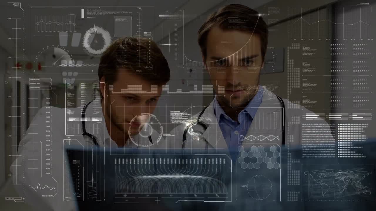 animación de círculos, gráficos, ondas sonoras y datos sobre médicos caucásicos discutiendo informes