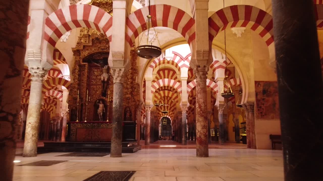 Mezquita Mosque Cathedral in Cordoba, Andalusia, Spain - Walking inside filmping the Red Arches and Artistic Interior