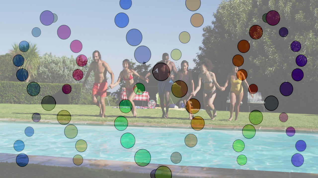 Group of friends jumping into pool with colorful bubble animation overlay