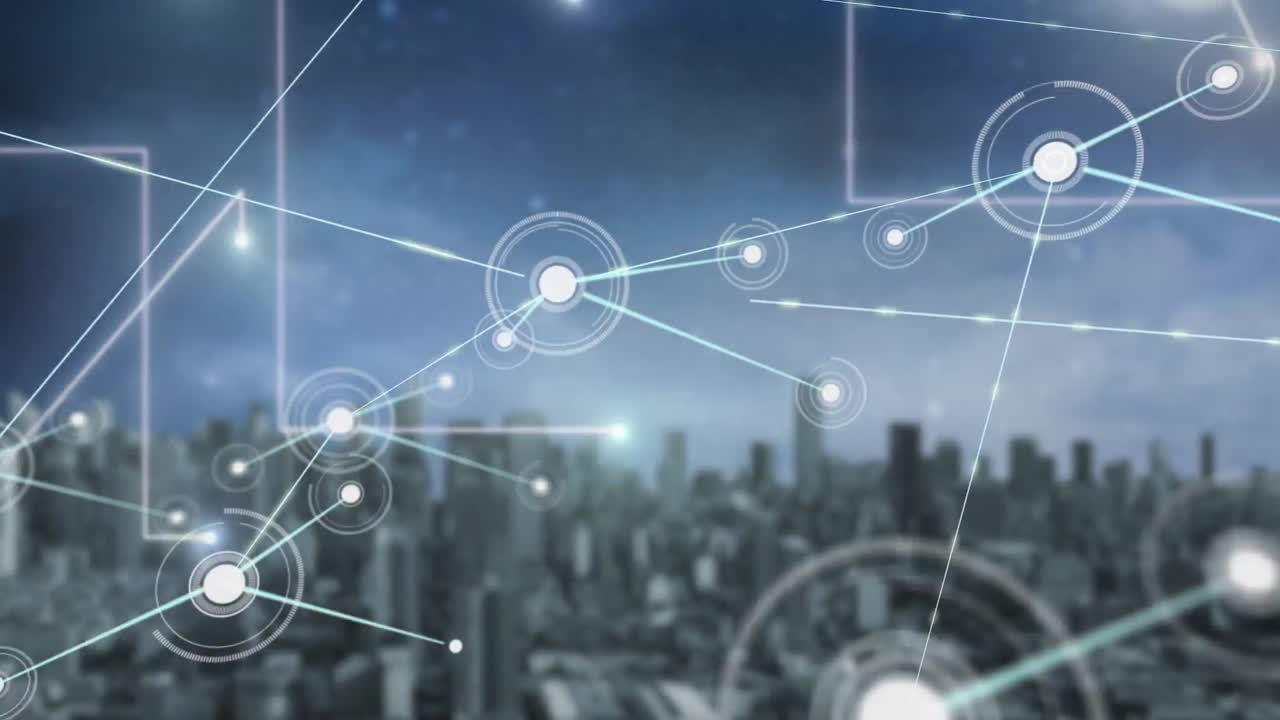 도시 풍경 위의 아이콘으로 연결된 네트워크의 애니메이션