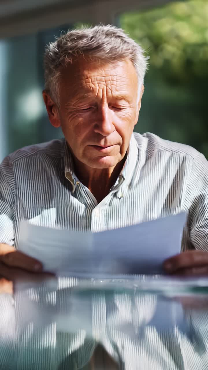 Un anciano absorto en la lectura de un documento, que muestra un momento de contemplación y concentración en un entorno sereno lleno de luz natural.
