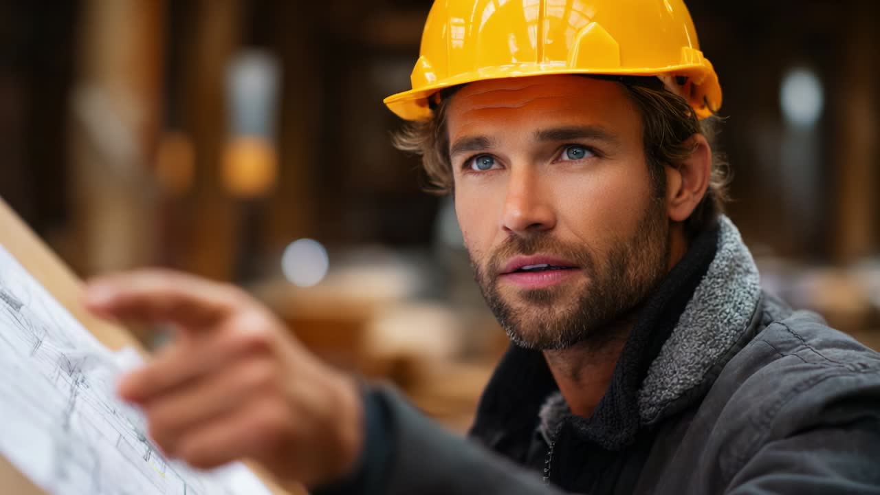 Focused Construction Worker Analyzing Plans with Attention and Precision, Wearing a Yellow Hard Hat, Engaged in Project Planning and Collaboration in a Busy Construction Environment