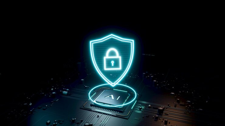 Glowing Neon Security Shield Icon Above AI Processor Chip