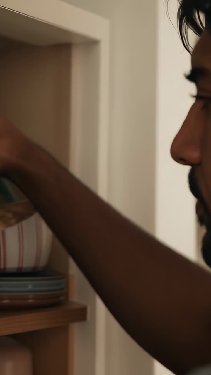Spotting striped bowl, adult man in grey shirt reaching into home alcove taking jar, copy space