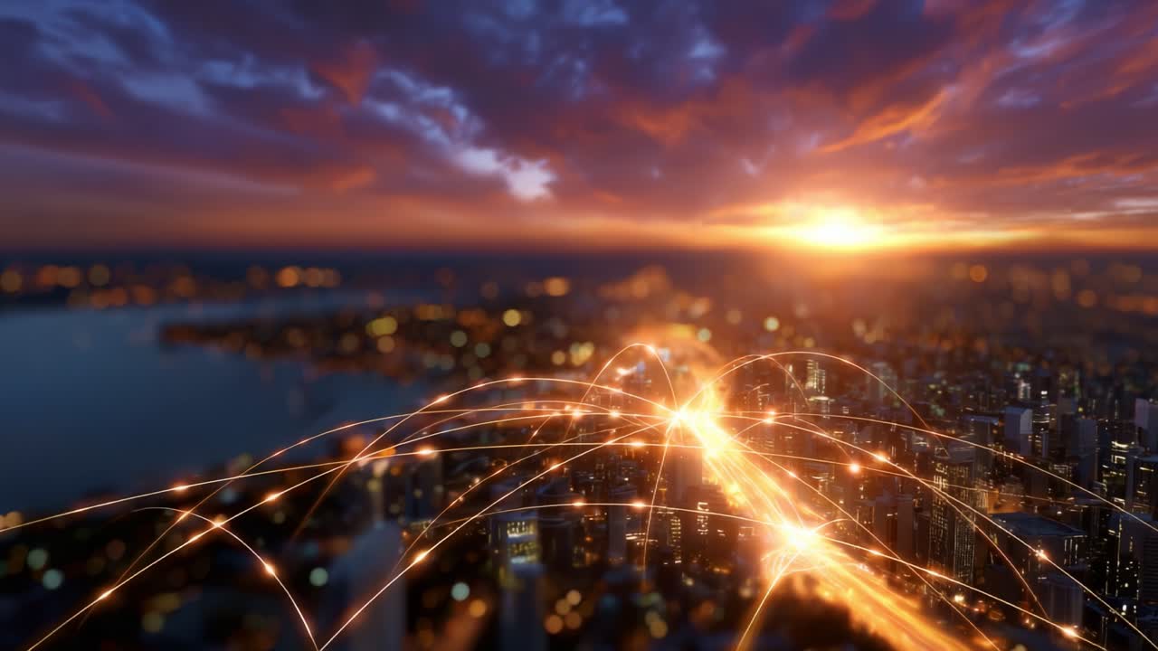 A stunning visual of a vibrant cityscape at sunset, showcasing luminous paths of light connecting various skyscrapers against a breathtaking skyline