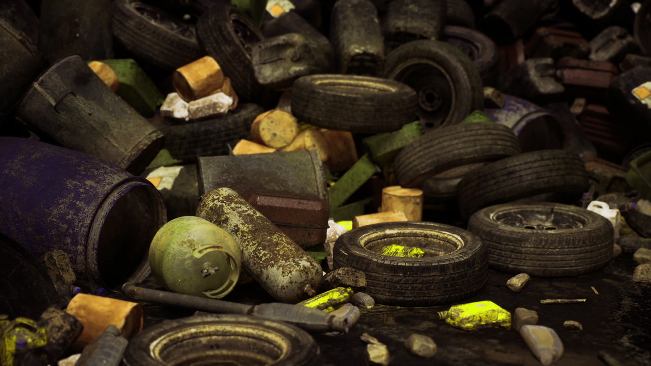 Discarded tires and barrels forming hazardous environment scene