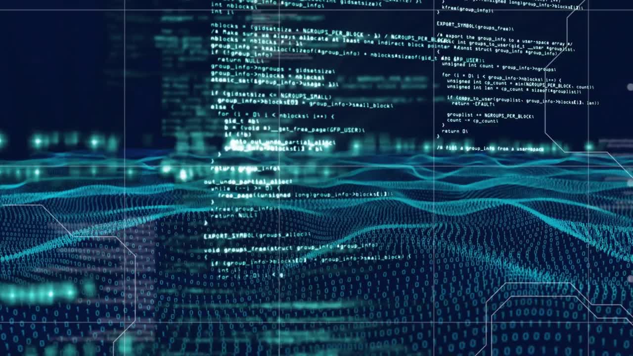 Animation of data processing over mesh green waving lines