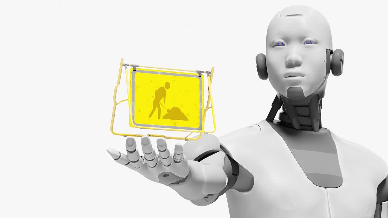 cyborg robot humanoide con la palma de la mano un letrero de construcción de carreteras, inteligencia artificial tomando el control del concepto