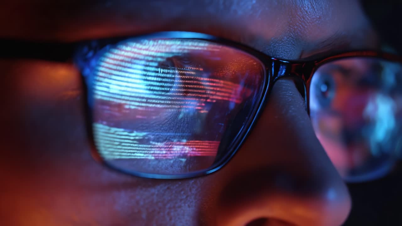 Close-up Shot of a Person Wearing Glasses, Reflecting Colorful Data Streams and Glowing Code in Their Eyewear, Emphasizing the Intersection of Technology and Human Perception
