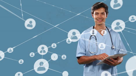 Animation-of-network-of-connections-with-icons-over-caucasian-male-doctor