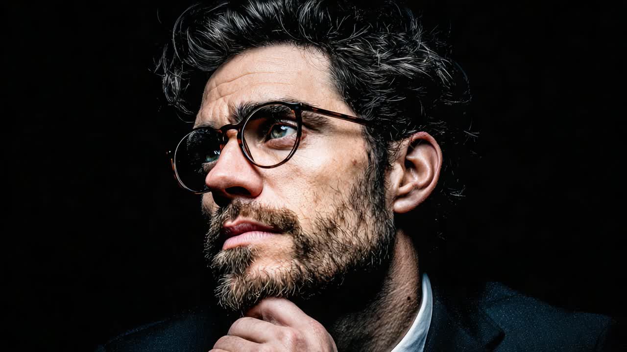 Un retrato pensativo de un hombre con gafas: capturando introspección y profundidad en un elegante traje negro sobre un fondo oscuro.