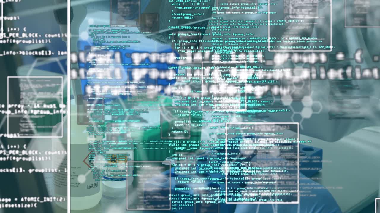 Animation of chemical formula and data processing over scientist in lab