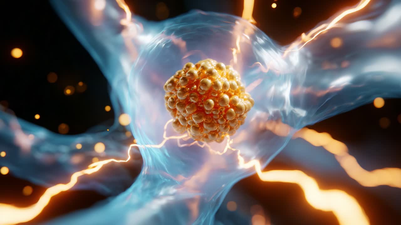 A stunning visual representation of a cell's nucleus surrounded by glowing energy waves, illustrating molecular interactions and the intricate design of cellular structures in a dynamic, high-energy environment