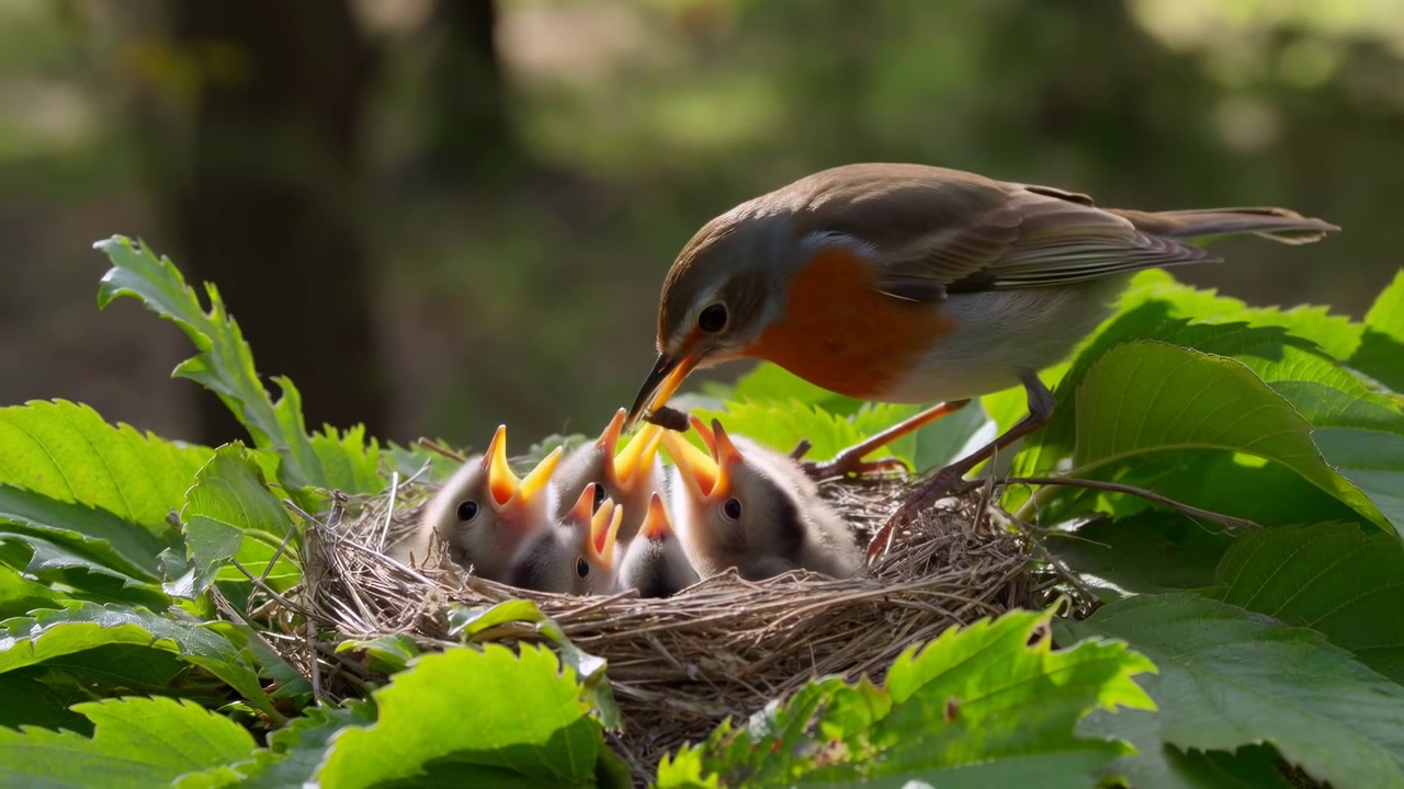 Un uccello canoro adulto si prende cura di nidiacei affamati all'interno di un nido di ramoscelli intrecciati tra foglie verdi vivaci nel sottobosco ombreggiato, mostrando un momento di alimentazione premurosa con luce soffusa e habitat calmo, con uccello e nido.