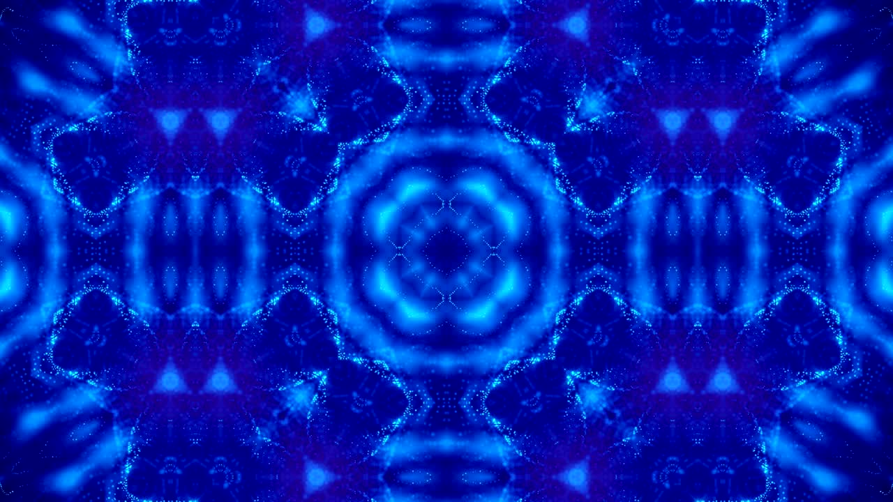 microworld, mandala o fondo abstracto de neón ornamental. composición azul simétrica compleja con partículas de brillo que forman estructuras onduladas como en un caleidoscopio. animación suave en bucle 4k 3d. 19