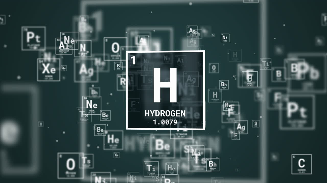Hydrogen chemical element square icon on green looped animated background with periodic table element icons.
