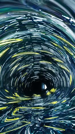 neon lights spiraling through luminous vortex tunnel, generating mesmerizing dark central core with vibrant reflective patterns and intense visual dynamism