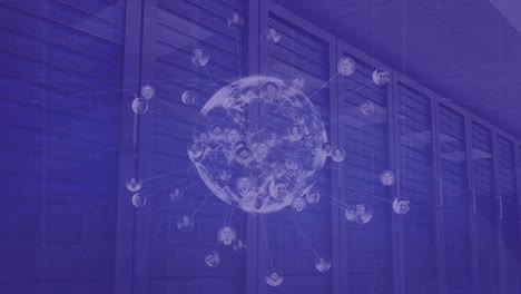 Animation of globe with network of connections over server room