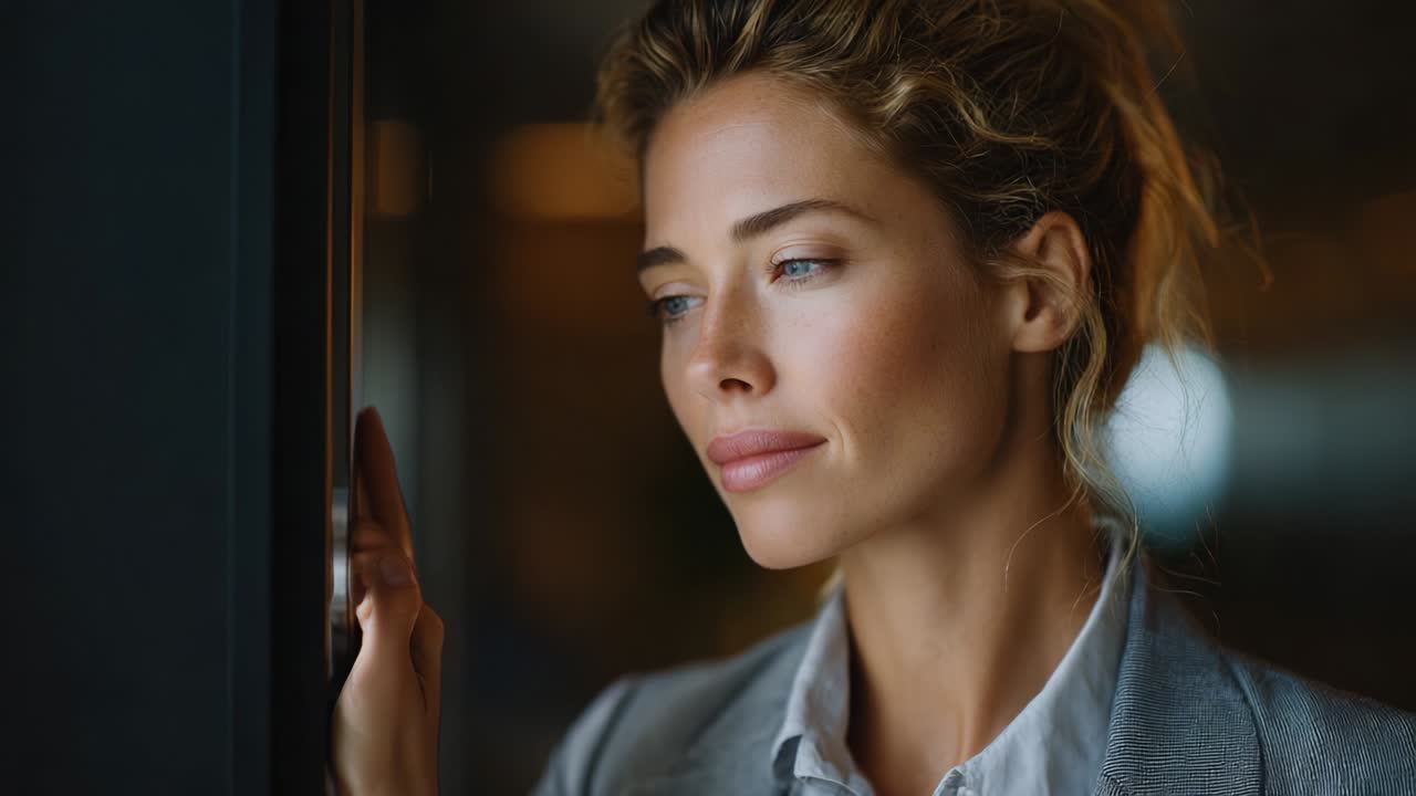 Una donna pensierosa guarda fuori dalla finestra, mostrando un senso di introspezione ed equilibrio, il tutto catturato in una messa a fuoco morbida con un'illuminazione calda che esalta la sua bellezza serena e il suo comportamento aggraziato.