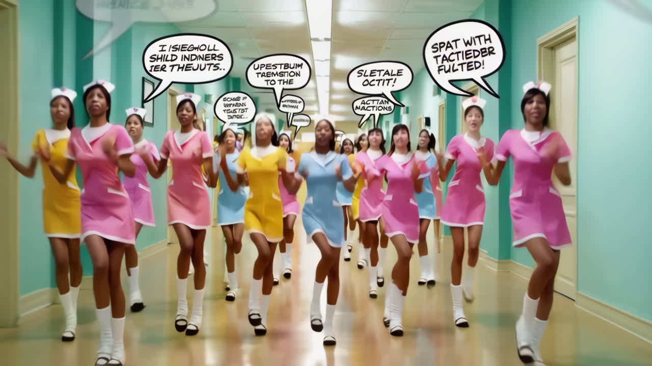 медсестры бегут по коридору больницы с пузырьками речи