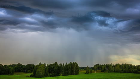 cinematic time lapse of fast moving storm clouds over a grassy landscape with trees with sun rays coming through the clouds