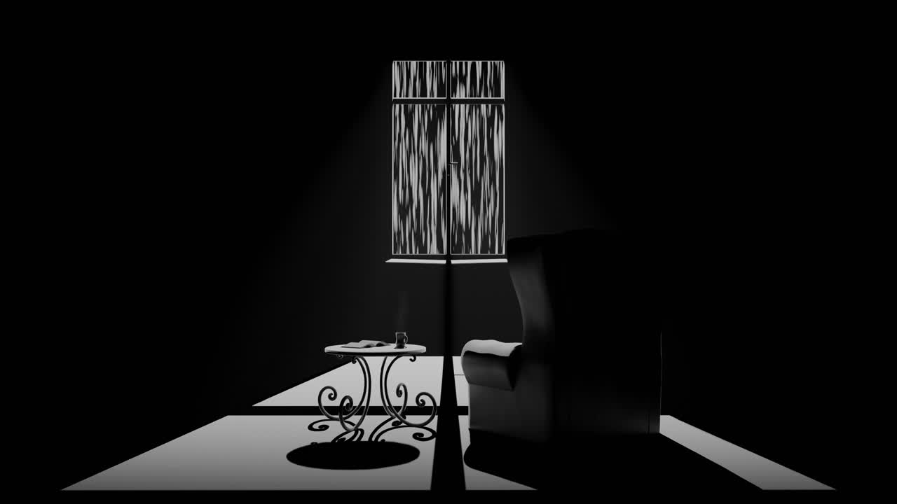 melancolía en una habitación negra y blanca cuando llueve fuera de la ventana leyendo un libro con una bebida caliente en casa sola.