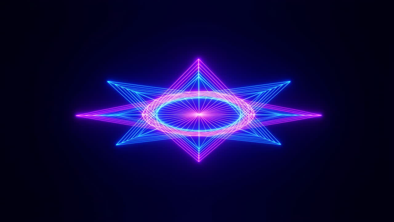 Esagramma astratto al neon luminoso che ruota su sfondo scuro.