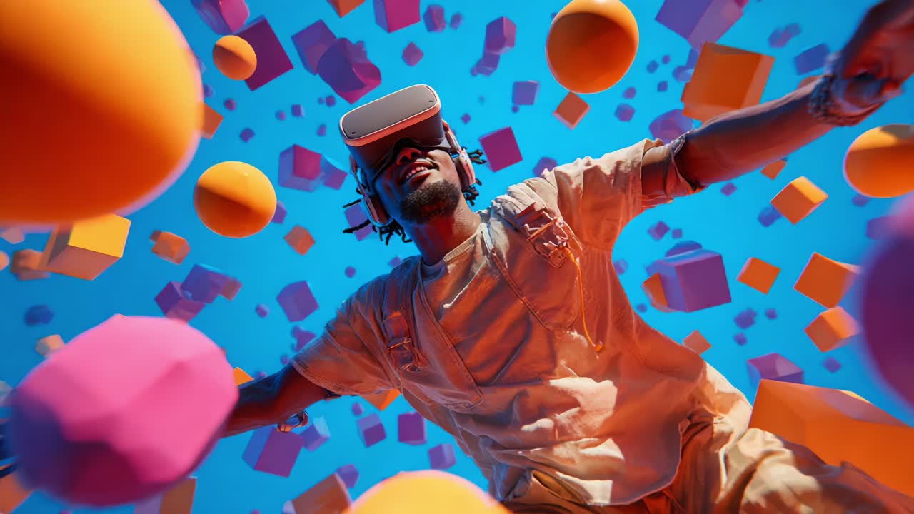 An Enthusiastic User Engaged in Virtual Reality Adventure Surrounded by Colorful 3D Shapes and Objects While Wearing a VR Headset, Immersed in an Exciting Digital World of Creativity and Fun