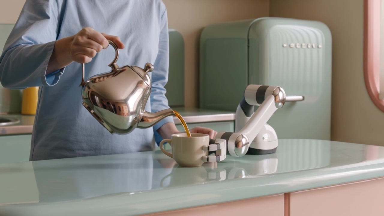 Seseorang menuangkan teh panas dari teko perak ke dalam cangkir keramik di latar dapur modern.