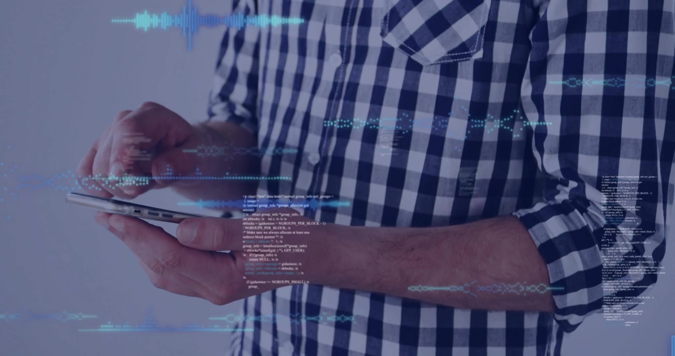 Man tapping phone in light-gray studio, causing blue holo waveforms and code visualizing tech data