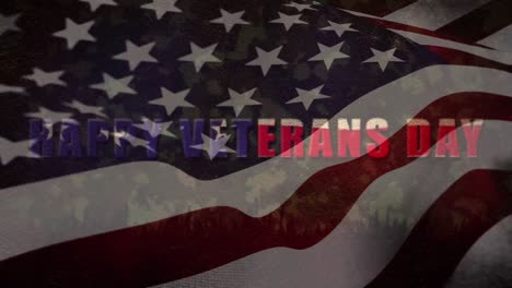 animation of american flag waving over happy veterans day text uniform camouflage pattern