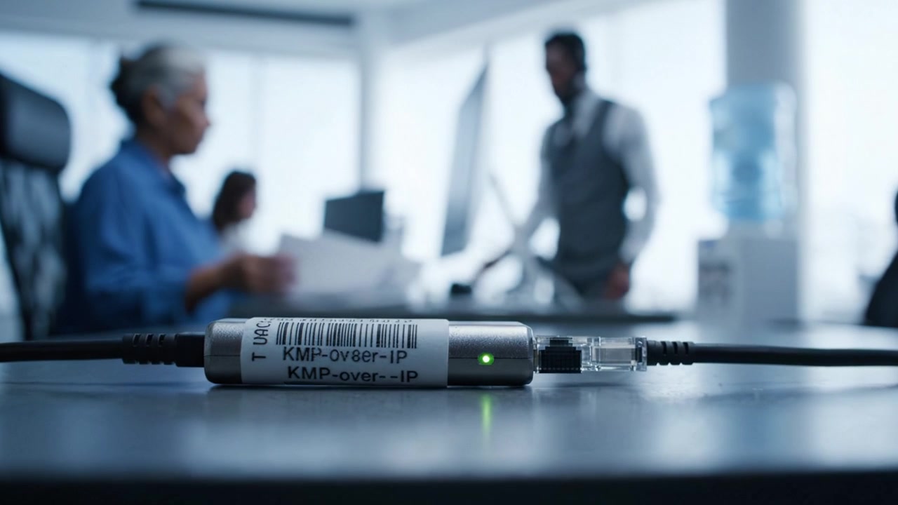 Focus on Network Connection Device in Modern Office Environment with Professionals Engaged in Work and Communication, Highlighting Technology and Collaboration