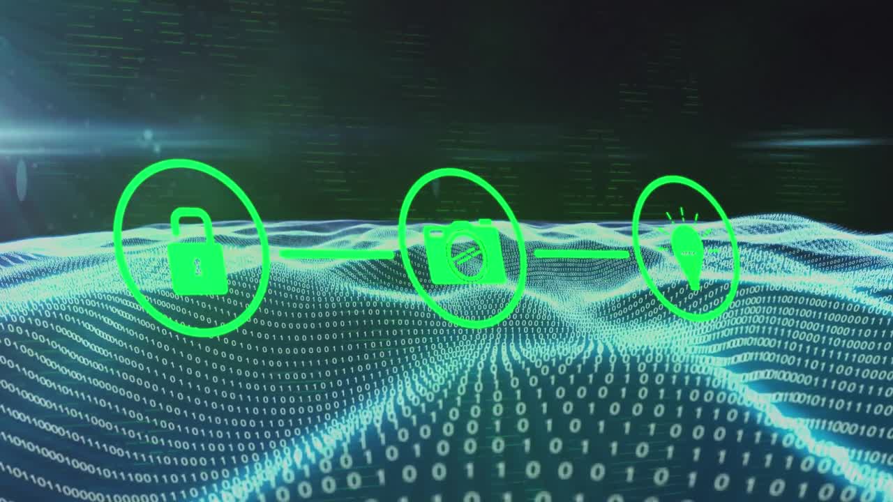 Animation of tech icons and binary code on black background