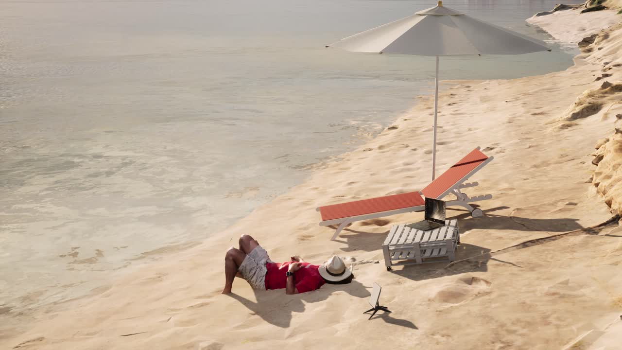 해변에서 위성 인터넷 수신기의 3d 애니메이션.