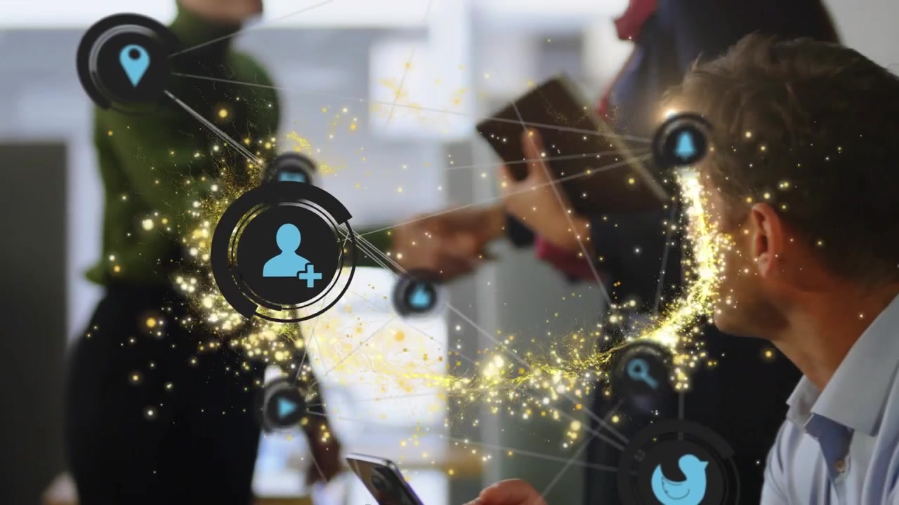 Animation of network of connections with icons over caucasian businessman
