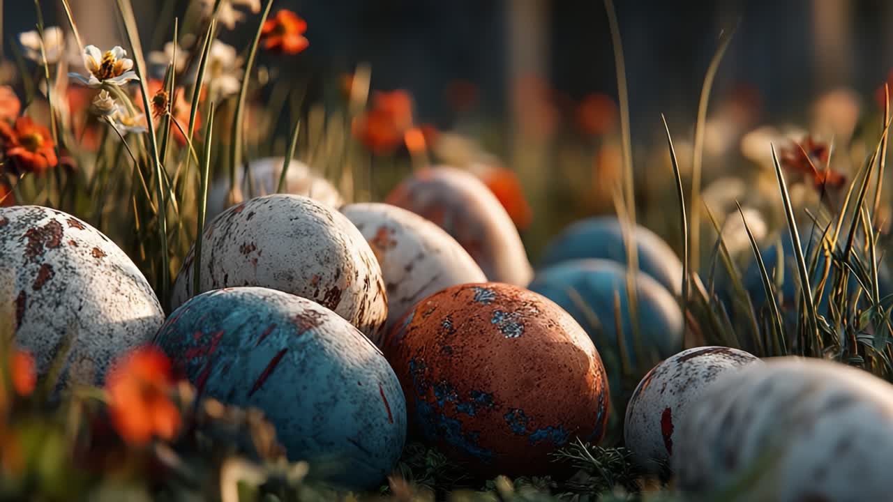 Colorful Easter Eggs Nestled Among Vibrant Grass and Wildflowers Captured in a Serene Spring Environment