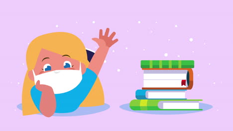 niña estudiante con máscara médica con libros